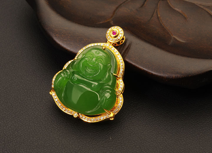 正品真钻弥勒金佛石佛南非18k吊坠玉佛玉碧颈饰