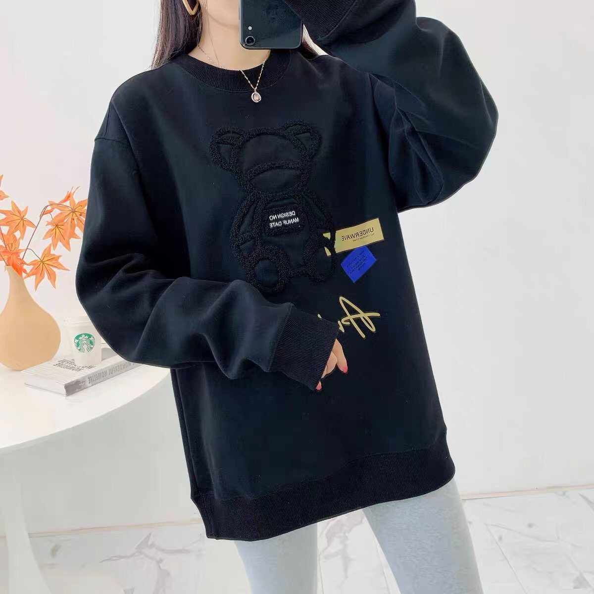 ader字母小熊卫衣韩国潮牌ae圆领套头衫秋季男女情侣宽松长袖上衣