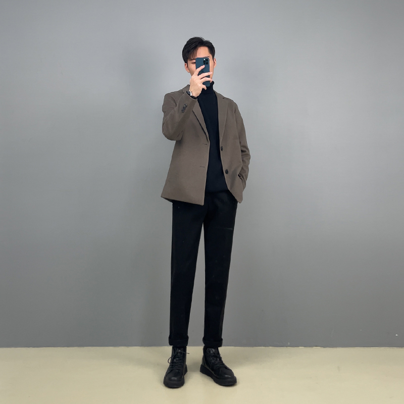 毛呢西装外套男秋冬季新款2021轻熟风男装休闲冬季男士厚呢子西服