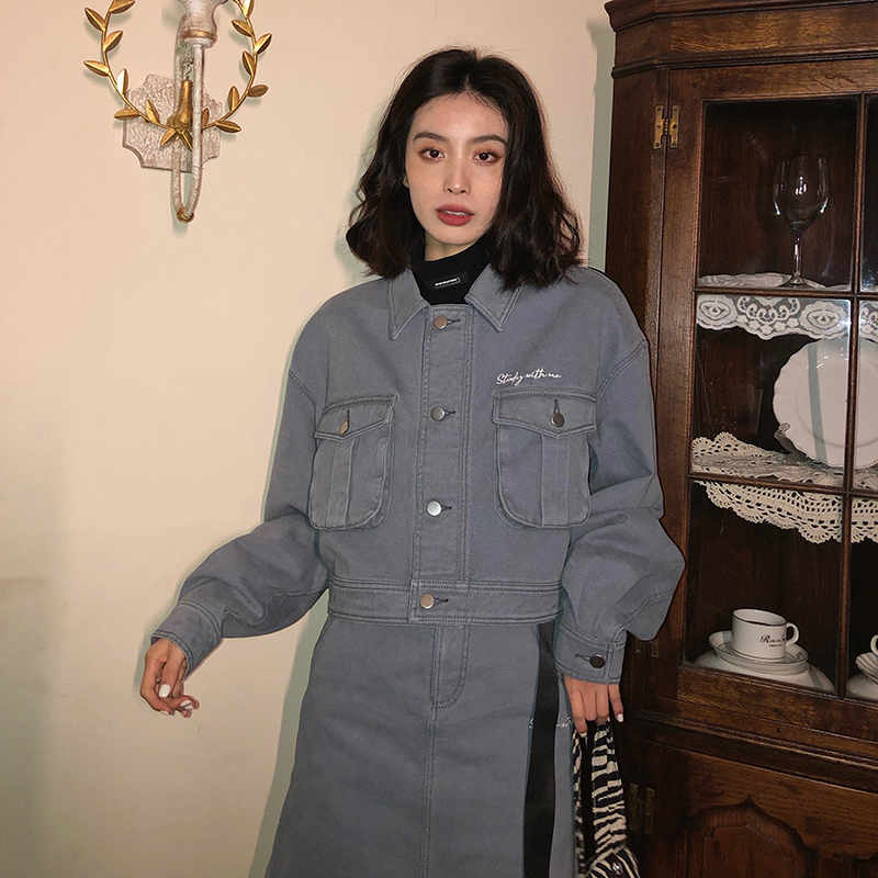 吵吵家 休闲套装牛仔短款外套女2022新款显瘦a字半身裙两件套D