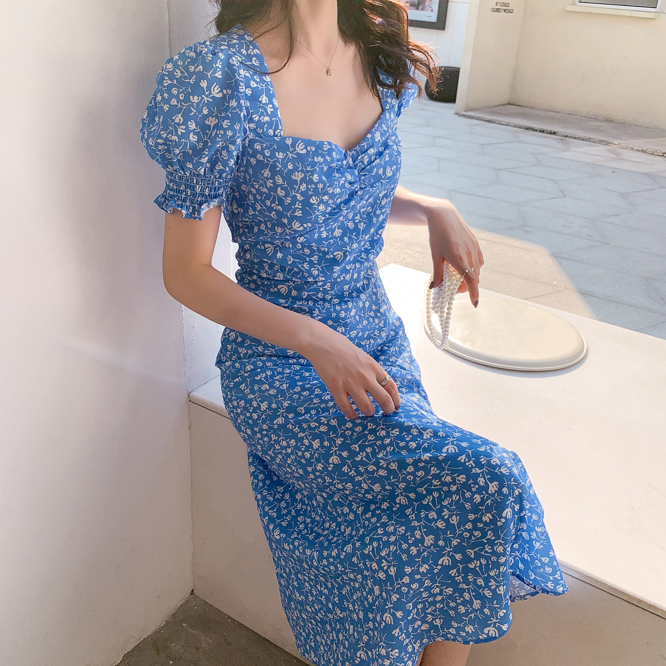 viss金三亚沙滩裙度假裙街拍同款吊蓝色印碎花开叉长连衣裙女裙子