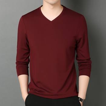 ເສື້ອຢືດ Silkworm ice-sense T-shirt men's v-neck long-aged middle-aged ice silk spring and autumn thin men's dad autumn tops bottoming autumn clothes