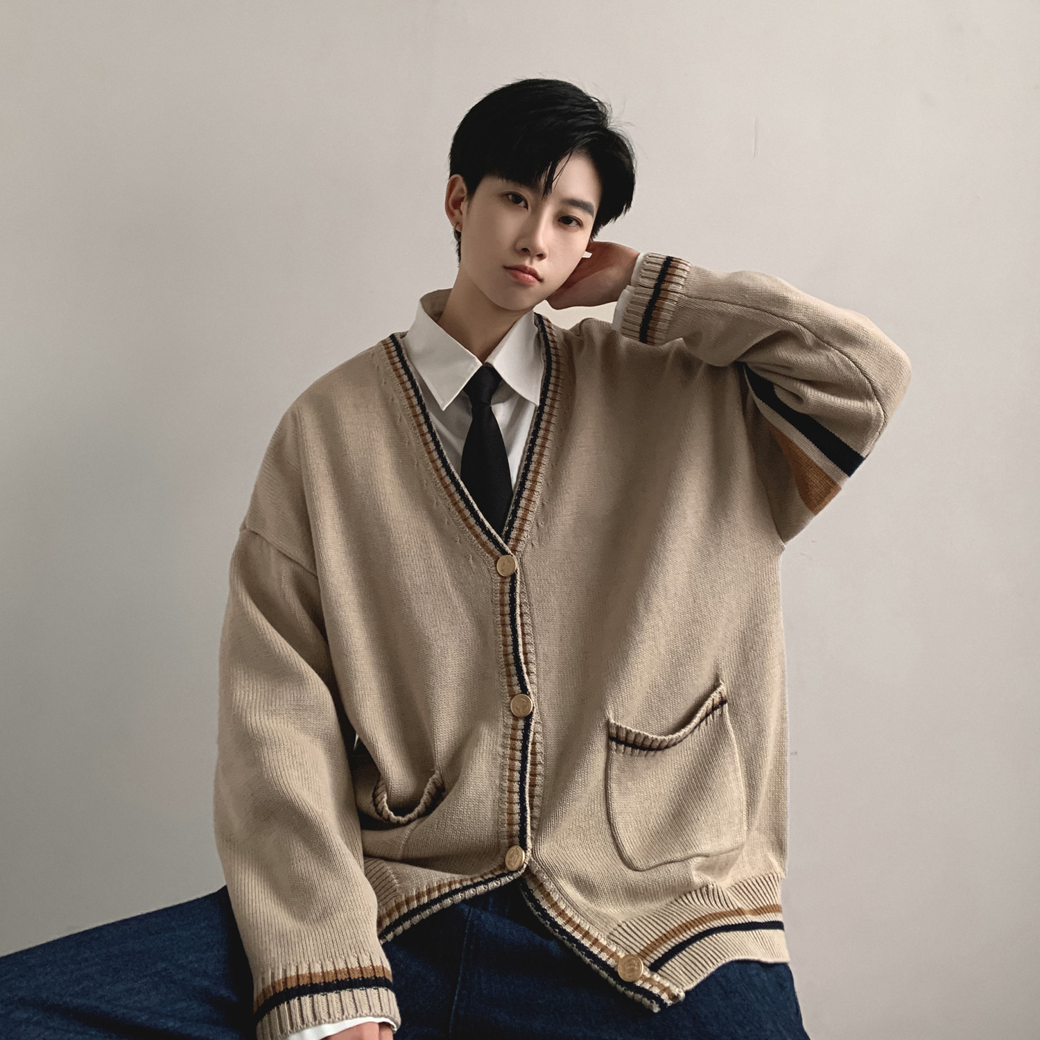 dk毛衣针织校供开衫长袖宽松学院秋冬男日针织衫