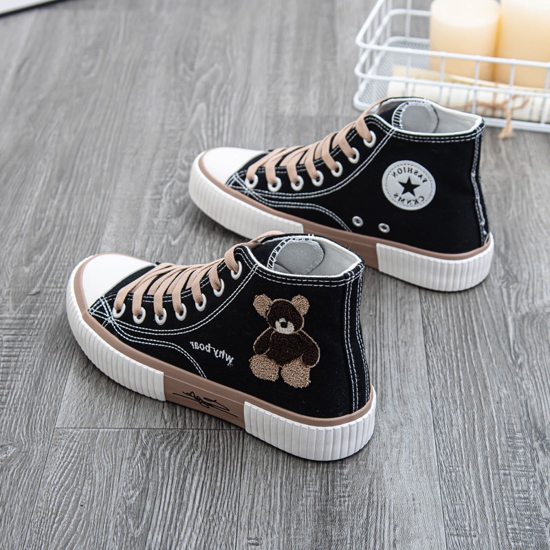 小熊鞋高帮帆布鞋大码女鞋43-40黑色2021潮流帆布鞋