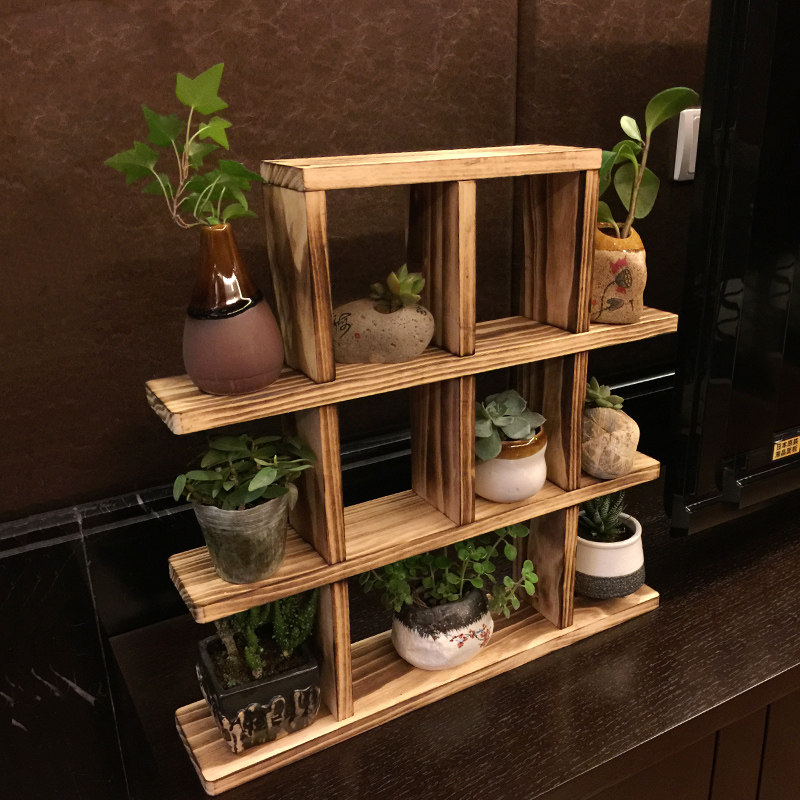 实木木板桌面多肉小花花架子木头多层办公室阳台花架
