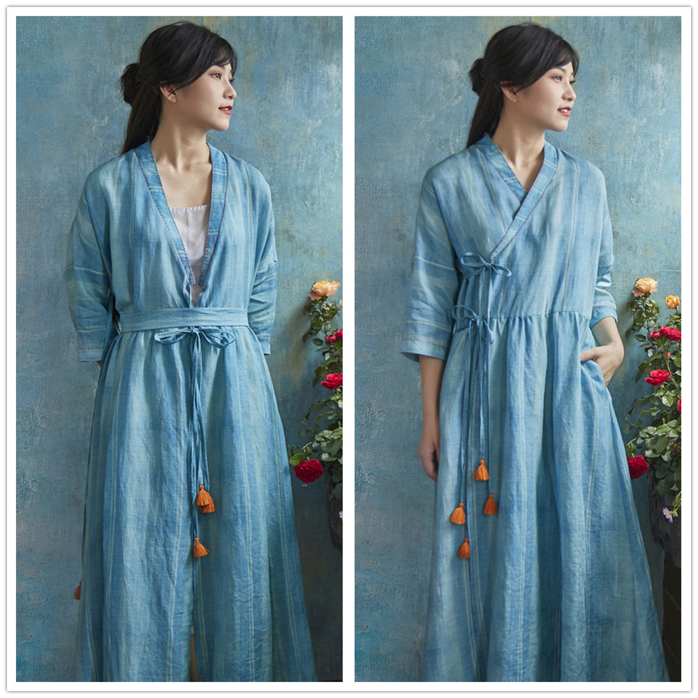 华果蓝风风铃汉风连衣裙天然苎麻复古开襟两穿民族服装