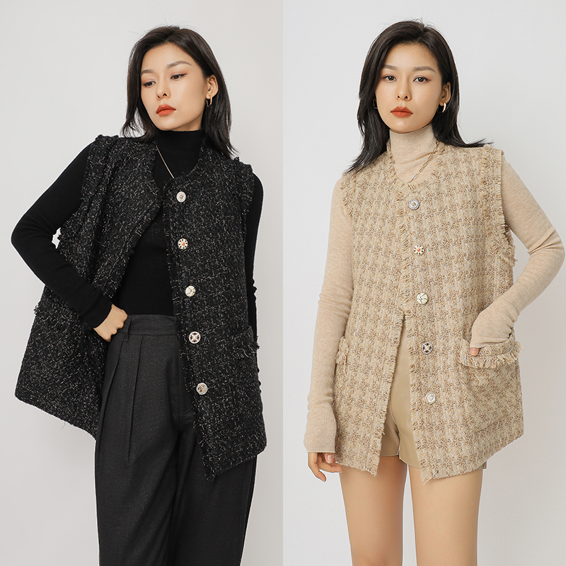 Annata 奢美 羊毛粗花呢小香风马甲背心女春秋中长款秋装法式外套