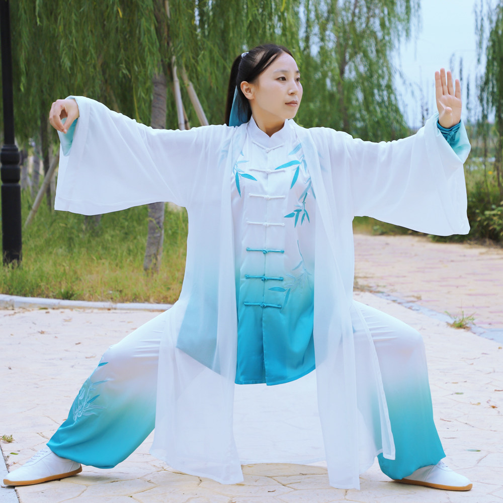 太极服装刺绣竹子渐变蓝色披纱太极拳比赛服演出服太极服