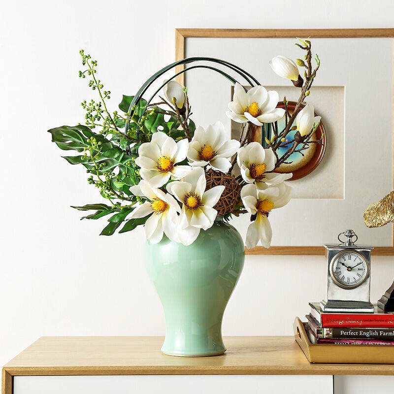 室内花瓶陶瓷绿色茶花白茶花家居花艺整体手感仿真花
