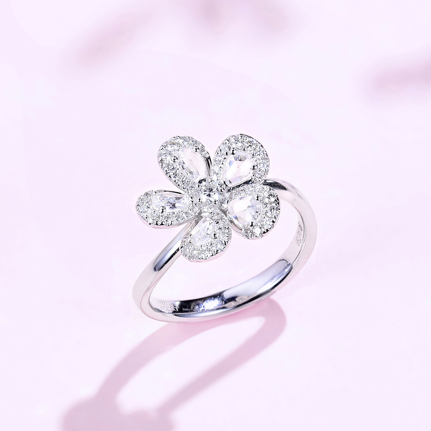 宝石矿工樱花系列18k白金花朵钻石戒指女真手饰