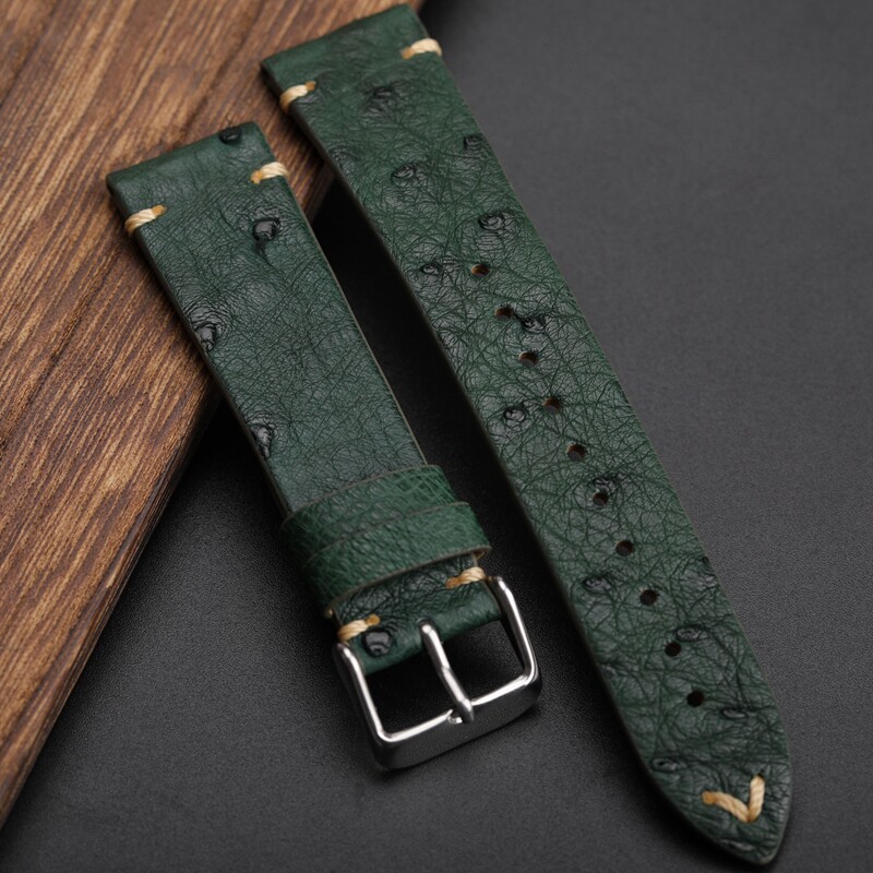 手工南非鸵鸟皮男22mm复古绿真真皮表带适配配件