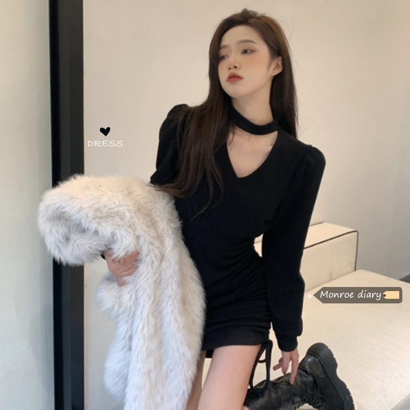 甜辣妹连衣裙女秋冬内搭打底裙2021新款纯欲性感修身黑色包臀裙子