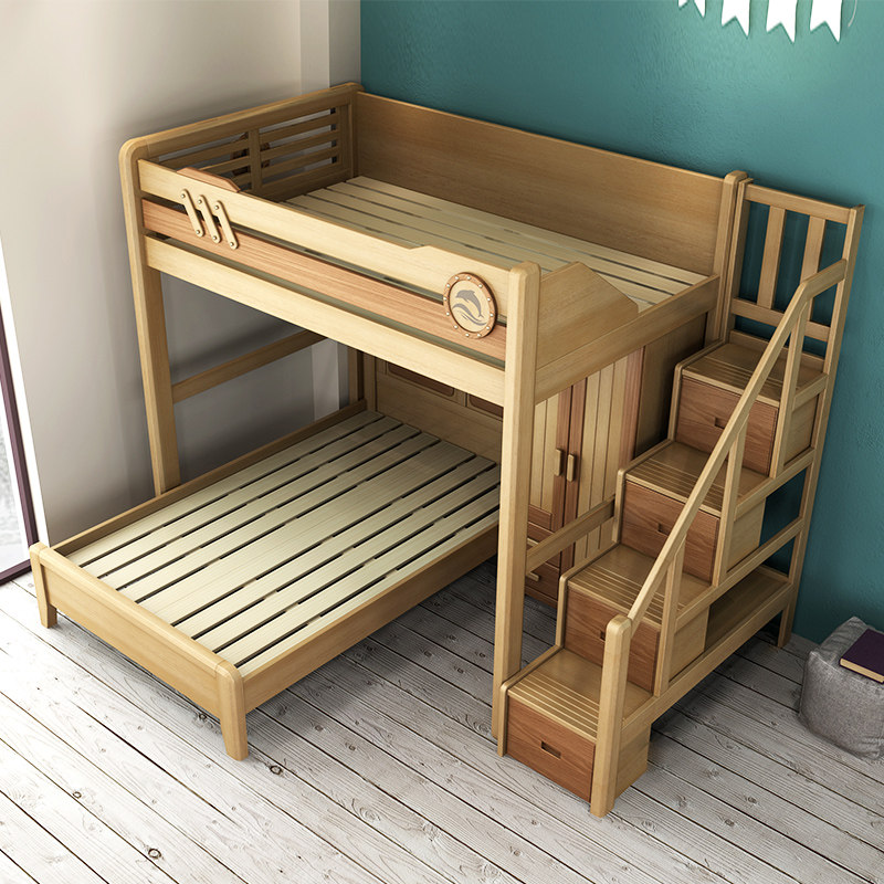实木儿童床交错式高低床衣柜上下床两层双层床错位型上下铺床大人