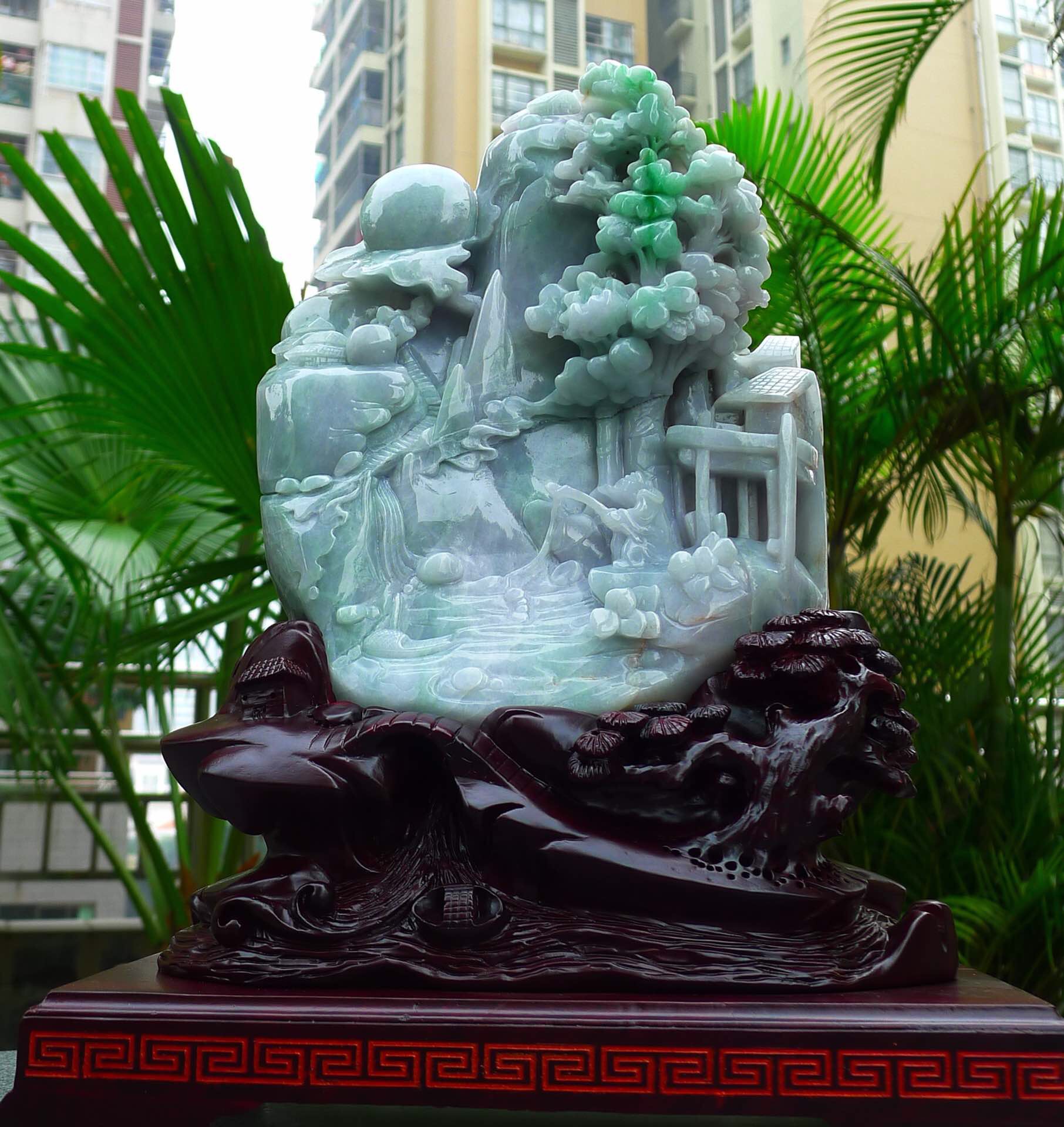 大件山水摆件缅甸天然翡翠货飘花阳高山流水雕刻流畅珠宝奇石