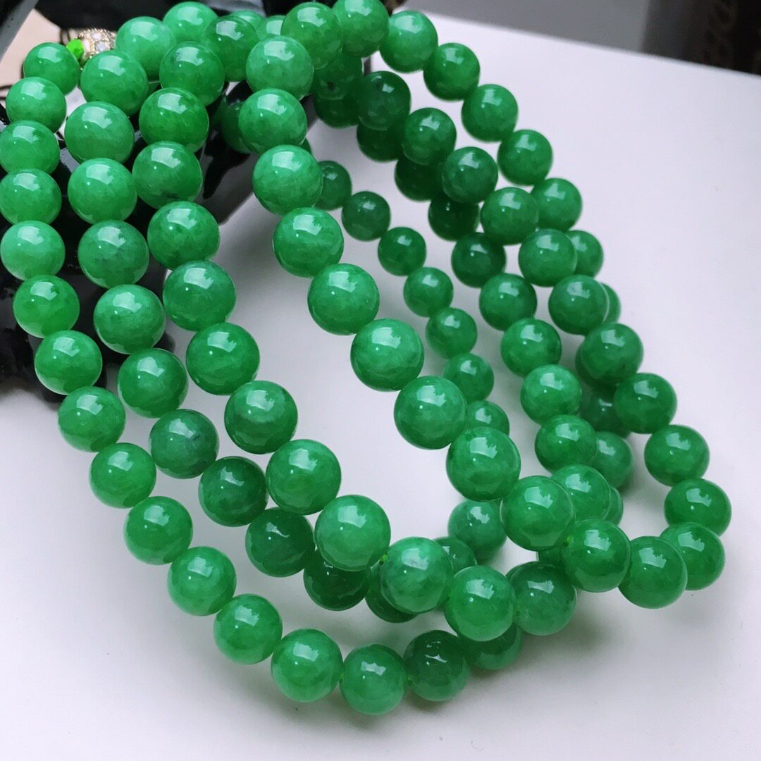 翡翠缅甸天然108颗佛珠满绿圆珠项链颜色均匀颈饰