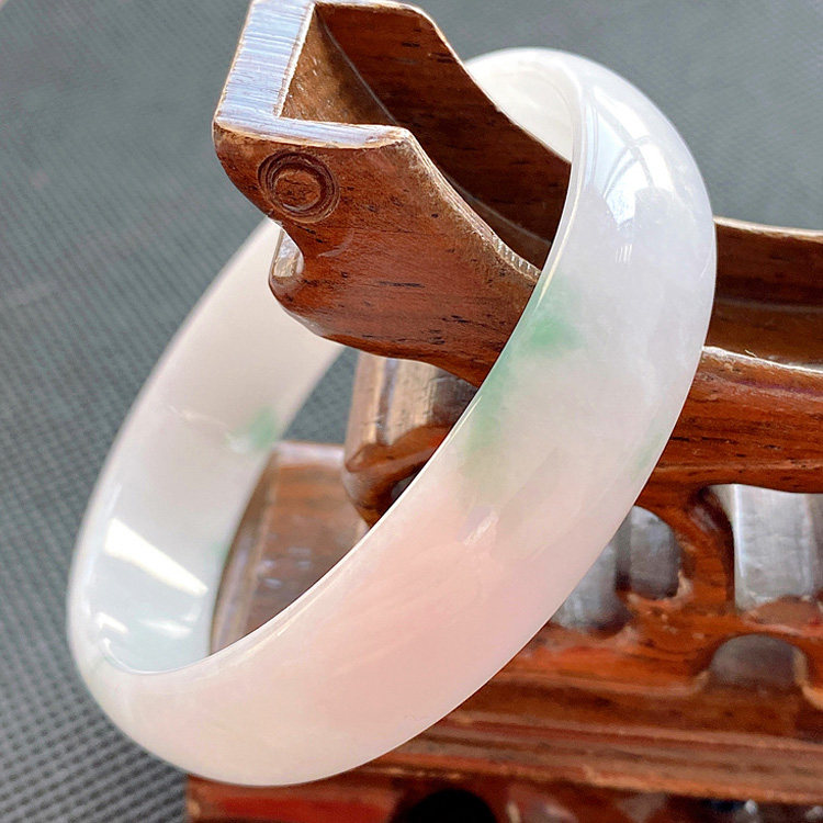 公主福镯圆形翡翠薄款中福冰糯种白底绿花飘花手镯