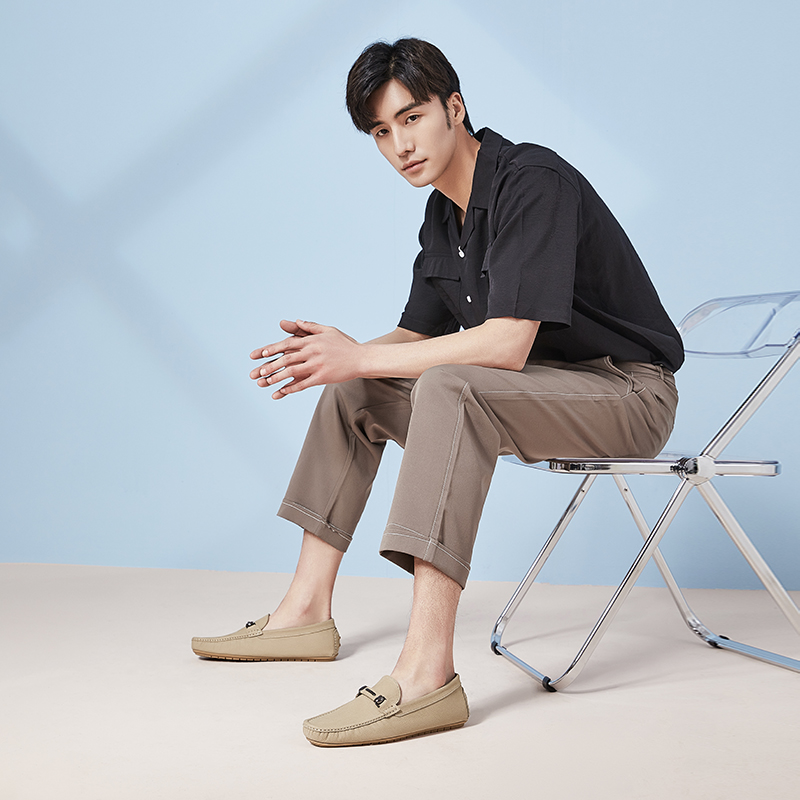 骆驼2022夏季新款柔软真皮豆豆鞋男百搭休闲乐福鞋豆豆鞋