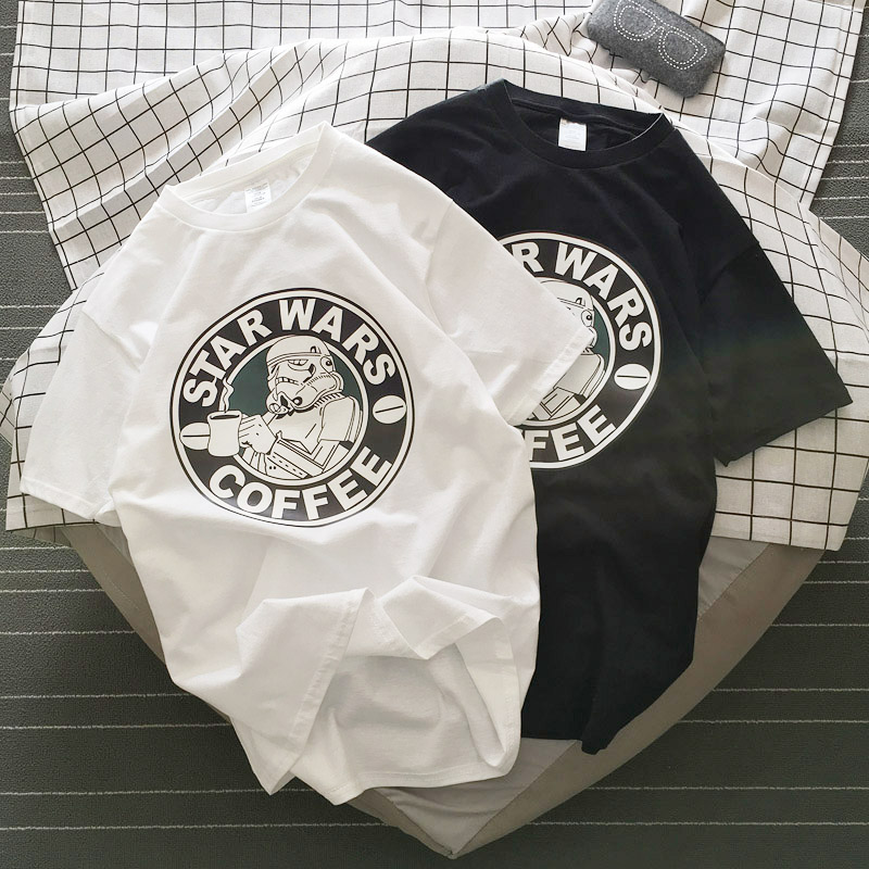 欧美复古夏季新款卡通机器人字母印花圆领宽松情侣短袖t恤男女