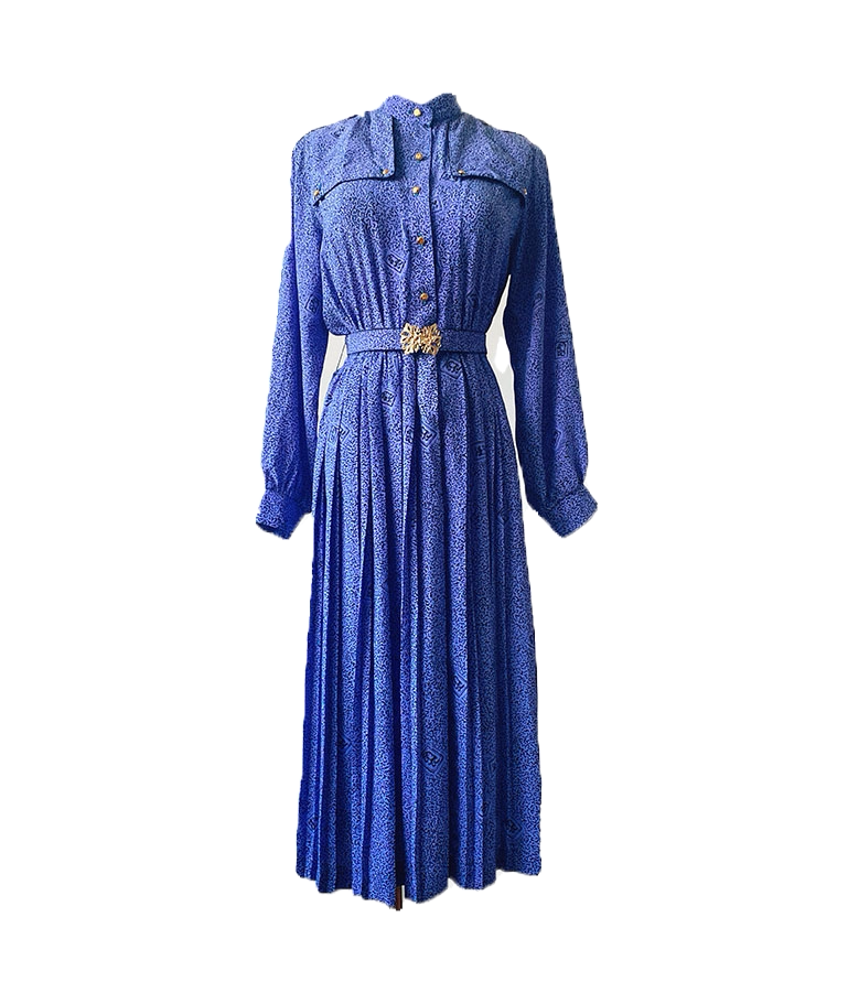 vintage古着复古日本制大牌高级感立领长袖连衣裙蓝色气质法式