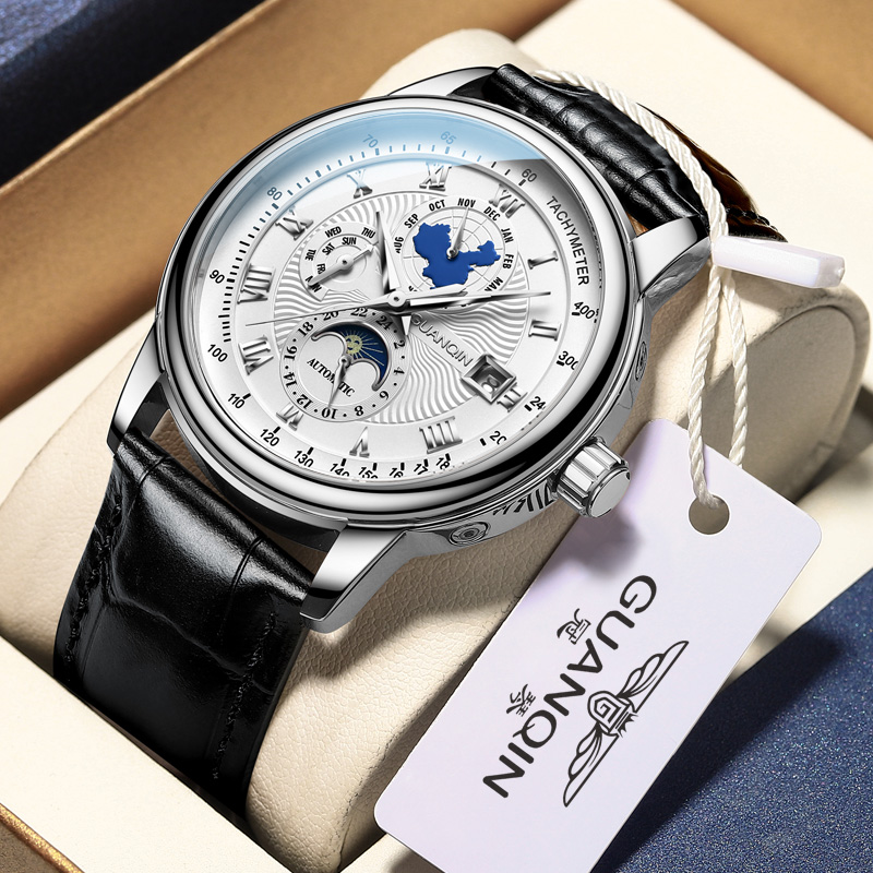 冠琴品牌手表男全自动机械表时尚防水夜光多功能皮带大表盘腕表潮