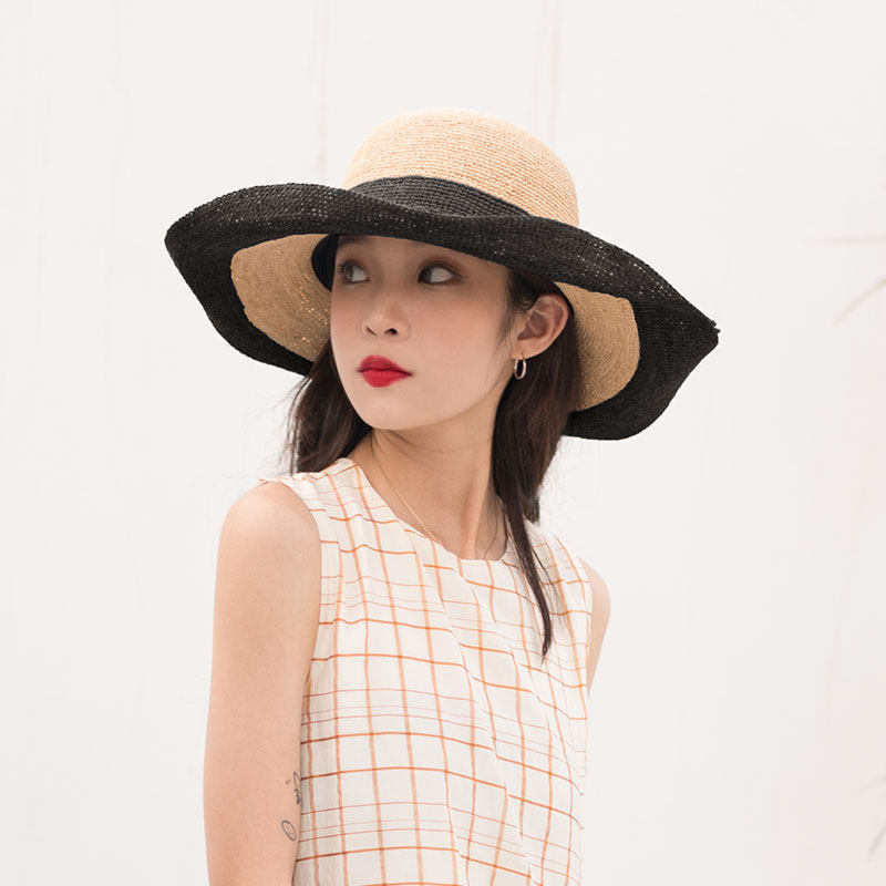 自然拉菲草复古拼色宽边草帽大檐帽子海边度假帽子