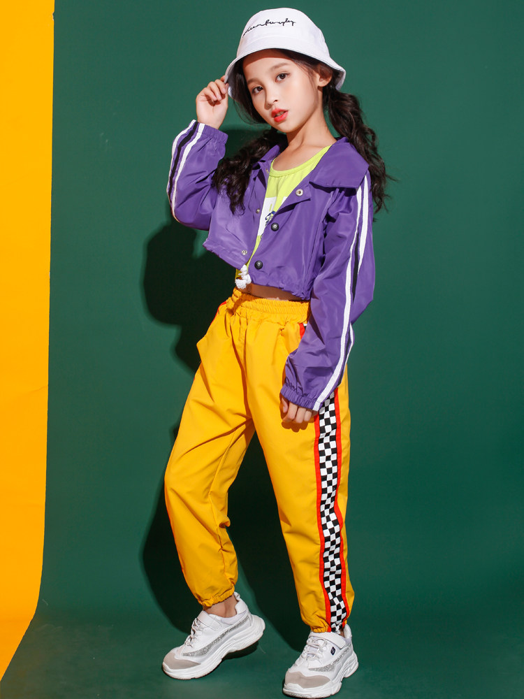 女童爵士舞服装儿童街舞套装女孩露腰长袖春秋儿童演出服