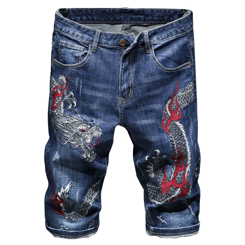 夏季韩版潮裤子马裤子七分潮牌图案新款龙图案弹力牛仔裤