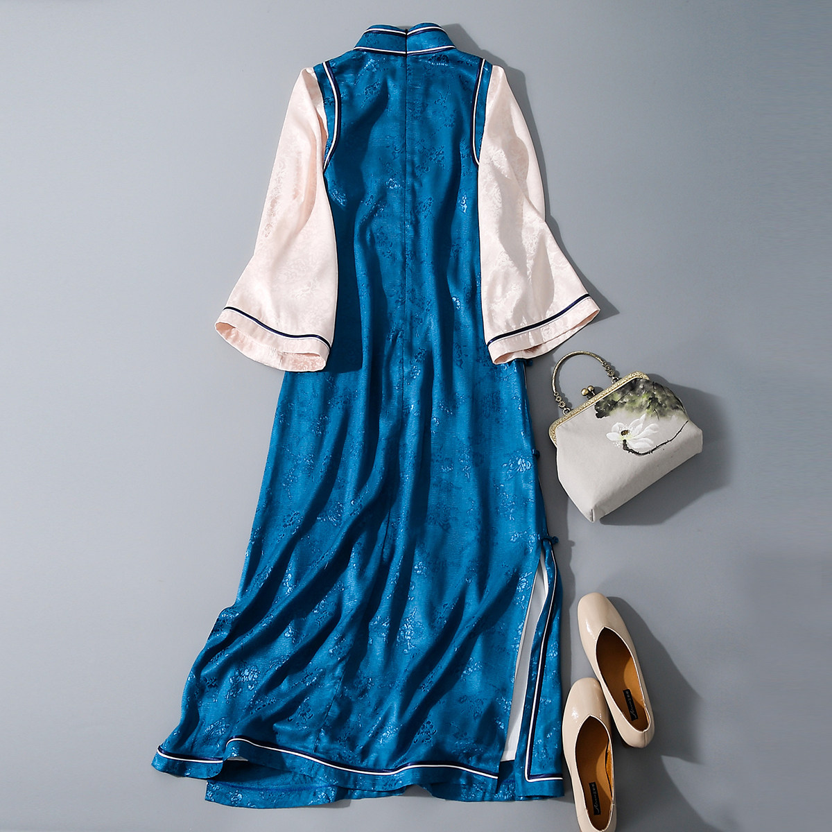 西楼罗纹天丝暗纹手工旗袍假两件文艺复古中国风盘扣立领连衣裙