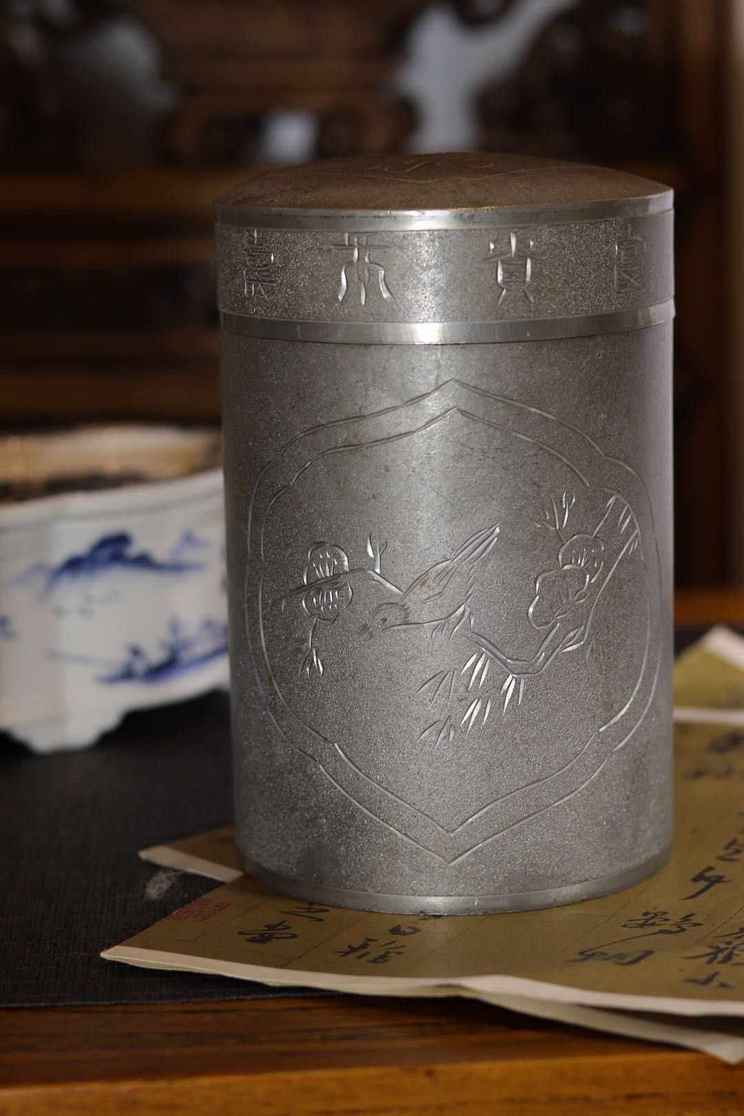 潮汕老锡罐手工纯锡喜鹊登梅叁筒茶叶罐储茶器功夫茶具茶仓