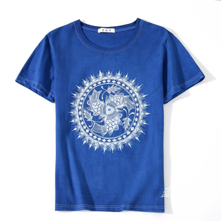 贵州蜡染定制纯棉短袖非遗工艺特产植物蓝染t恤