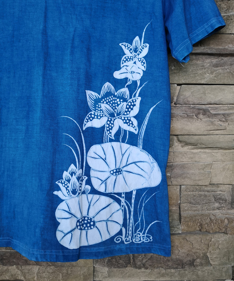 蜡染蓝靛原创植物蓝染靛蓝扎染定制荷花图案t恤