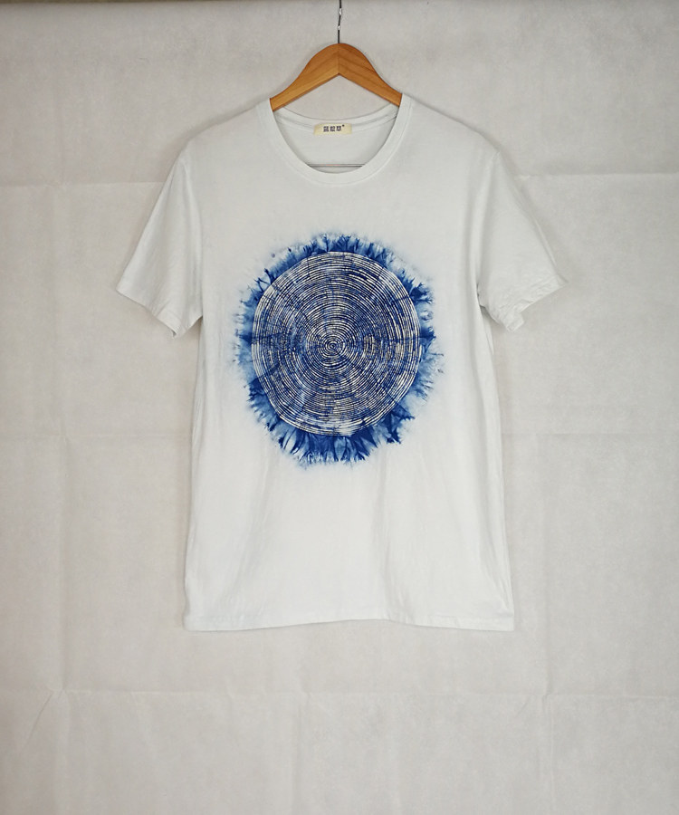 手工图案经典年轮定制蓝靛蜡染靛蓝蓝染植物t恤