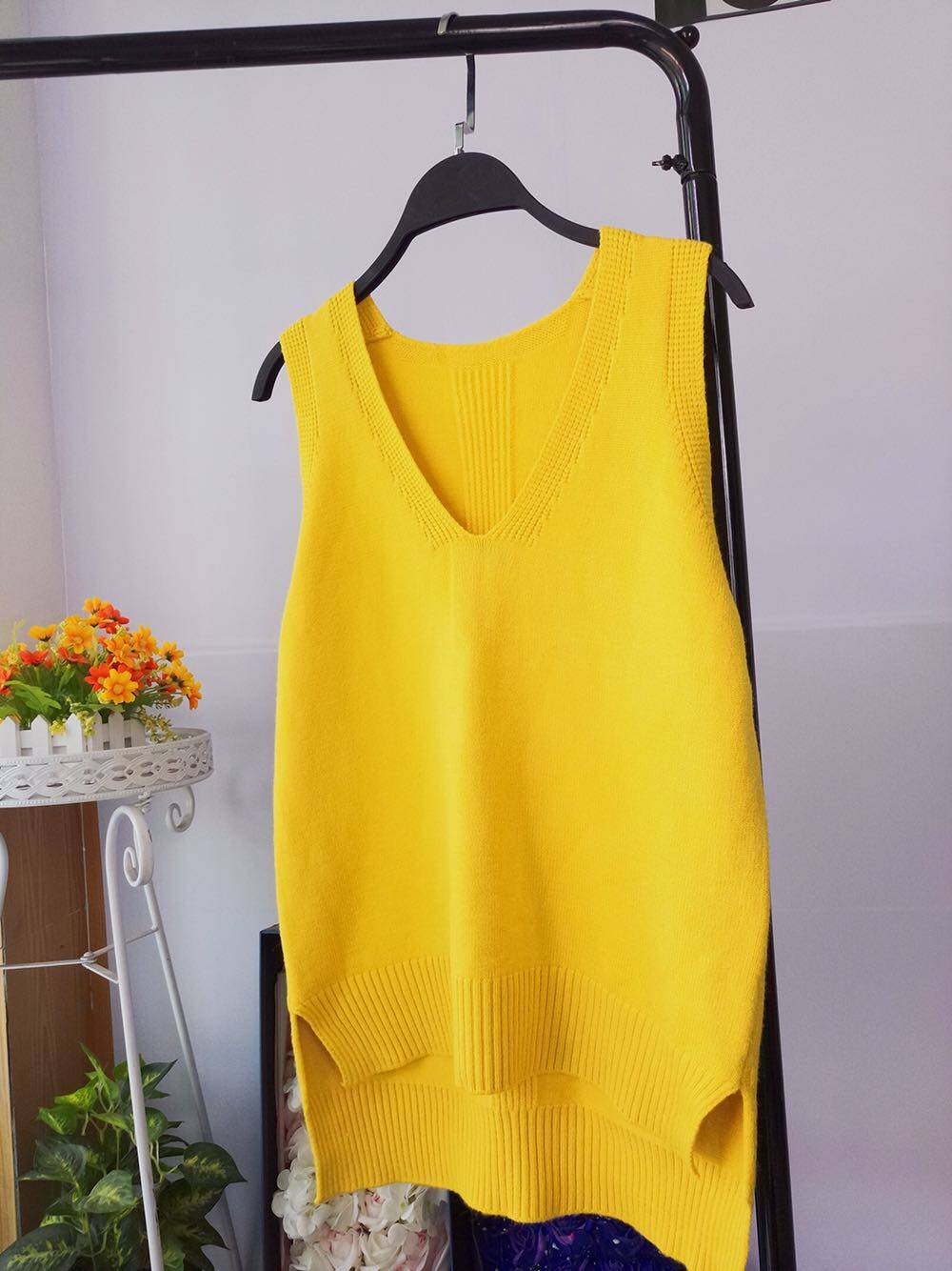 无袖黄色姜黄色马甲坎肩毛线马夹宽松韩版新款马夹