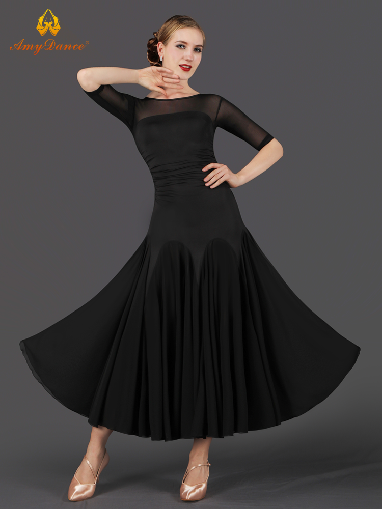 艾美舞服交谊舞连衣裙大摆修身中长袖舞蹈练功服女士摩登舞裙新款