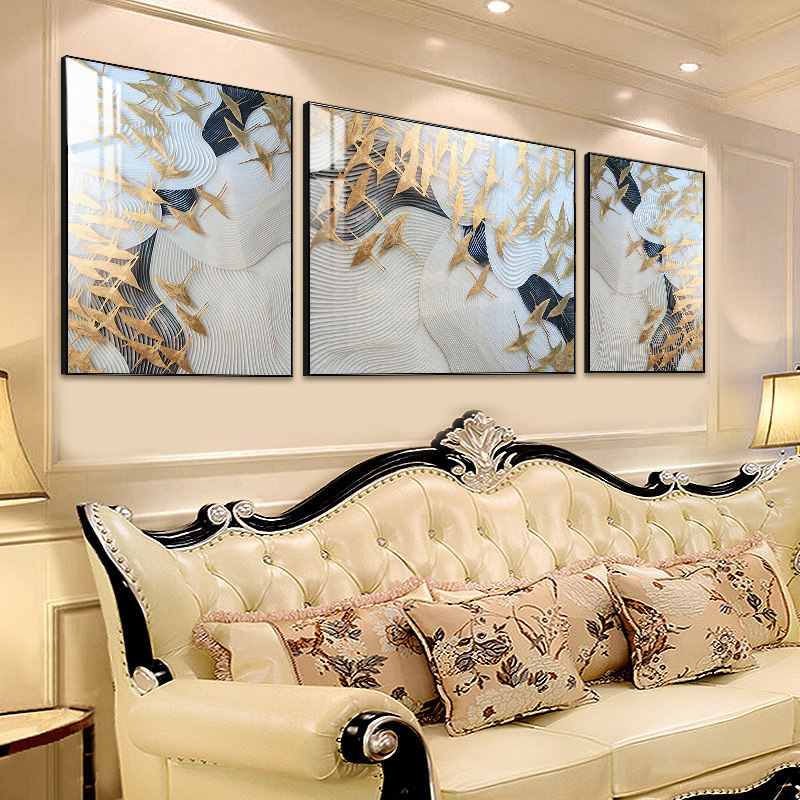 抽象简欧客厅沙发背景墙装饰壁画大幅水晶简约三联画百鸟大气挂画