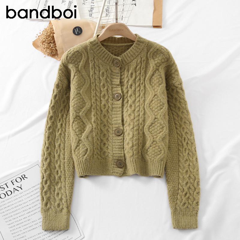 春季女装短款宽松圆领麻花针织衫开衫洋气上衣软糯毛衣外套女春秋