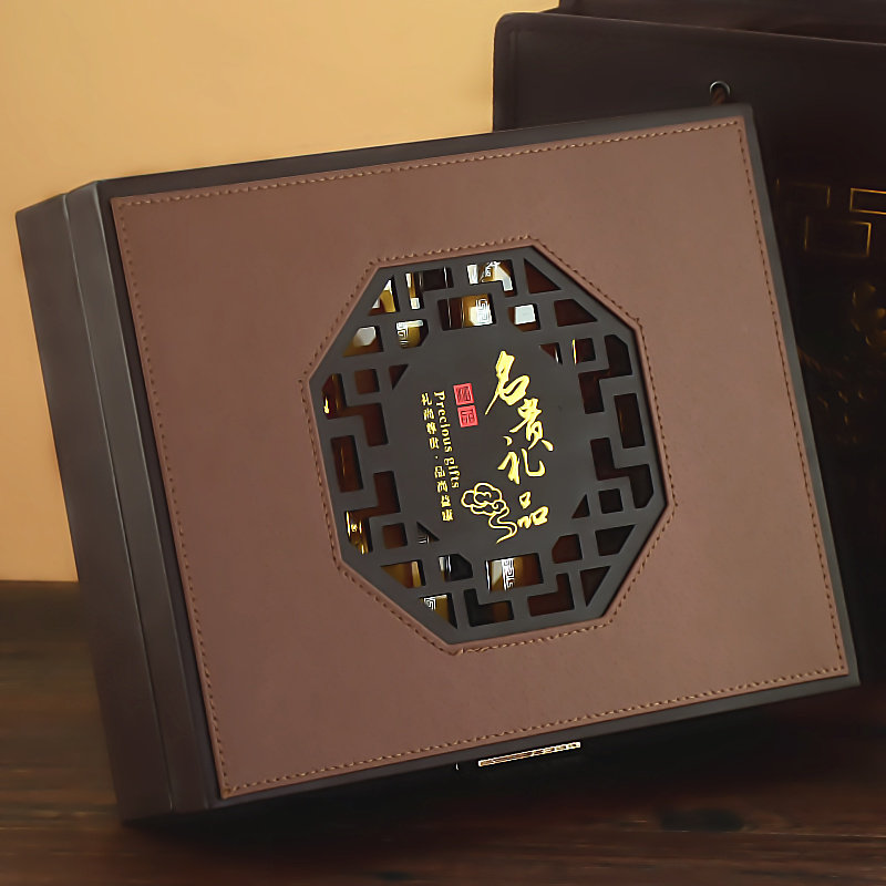 高端镂空雕刻名贵礼品通用包装盒双拼皮盒250克礼品盒