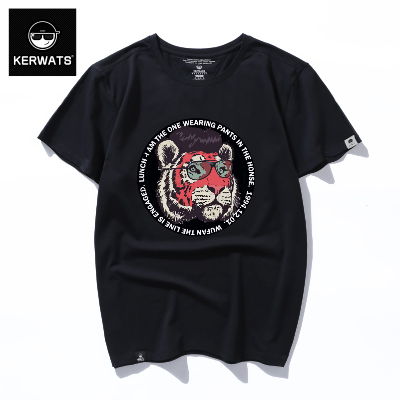 KERWATS大码男装老虎头潮牌印花t恤胖子圆领休闲体恤肥佬宽松半袖