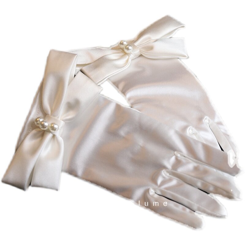 优颖新款优雅珍珠蝴蝶结缎面手套影楼摄影写真样片新娘白纱配饰品