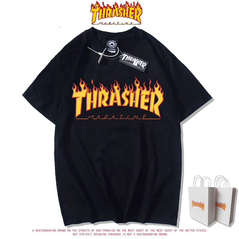 欧美潮牌美版火焰短袖男经典字母印花宽松大码情侣半袖美式T恤女