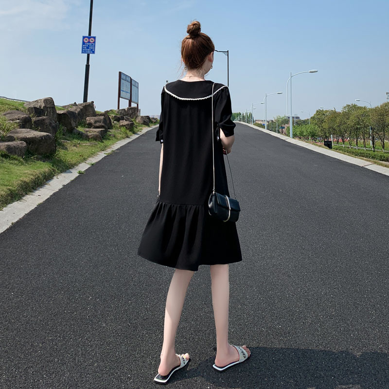 赫本风娃娃领小黑裙子2022夏季新款女装宽松雪纺黑色连衣裙娃娃裙