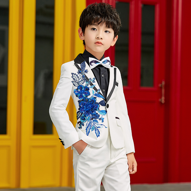 萌卡斯中国风小主持人演出礼服男童西装三件套装儿童写真服装潮帅