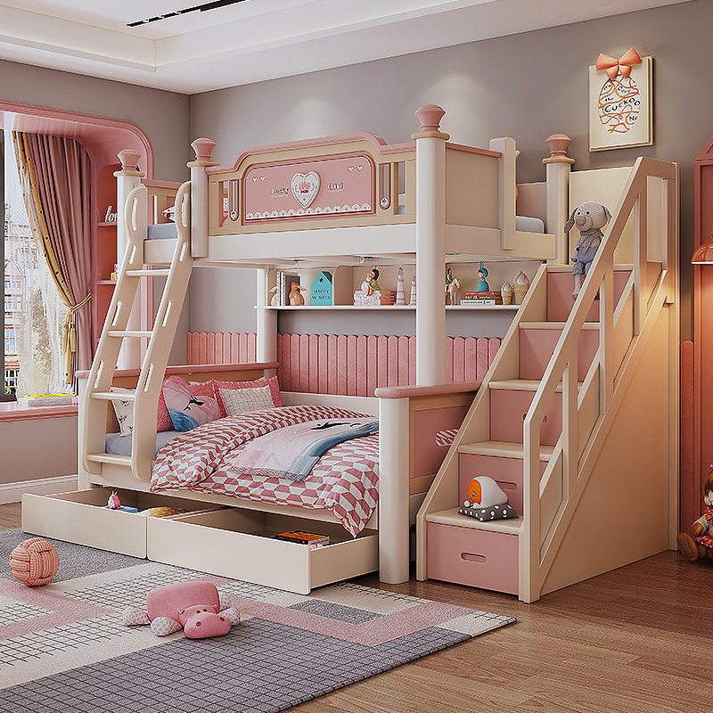 实木儿童上下床女孩公主床粉色系卧室多功能美式高低