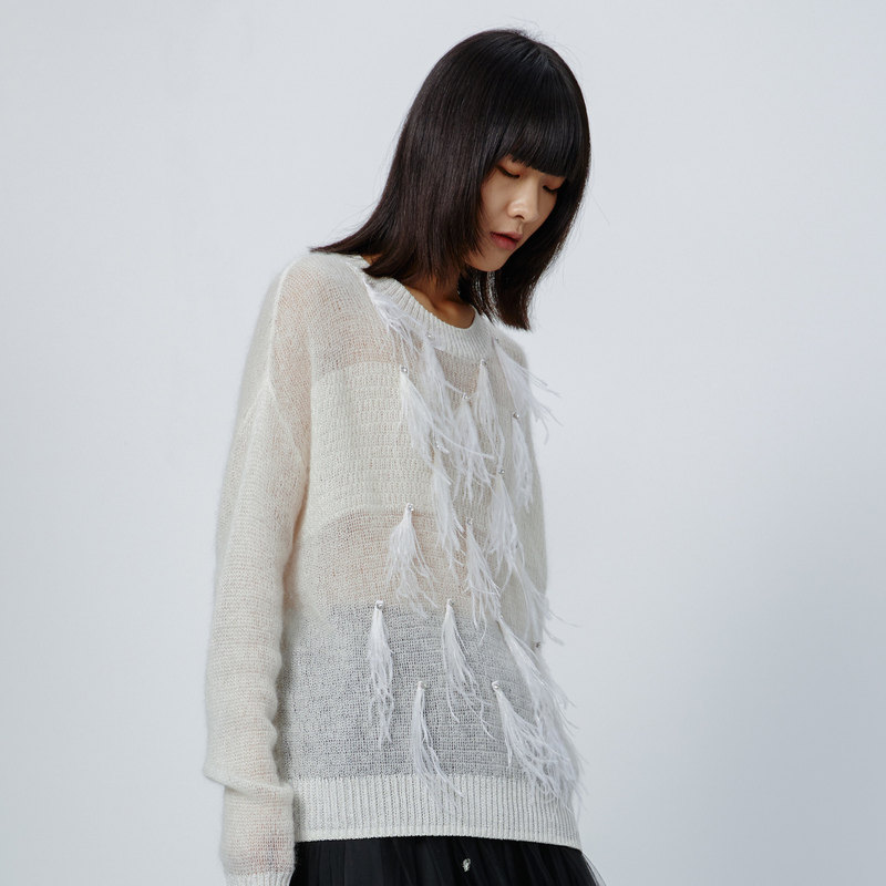 hgenteel荷高2020春季女装铆钉流苏装饰圆领针织衫毛针织衫