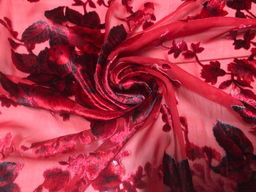复古经典大红色玫瑰花桑蚕丝金丝绒镂空花布真丝通花剪花面料旗袍