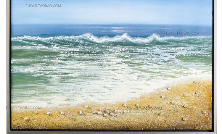大海浪花沙滩风景画手绘油画装饰画玄关油画