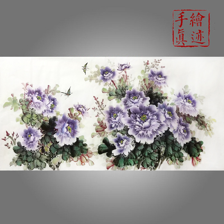 牡丹紫色横幅四尺装饰手绘客厅花鸟画国画特价国画