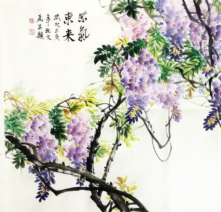 紫藤装饰横幅四尺玄关手绘餐厅花鸟画国画真迹国画