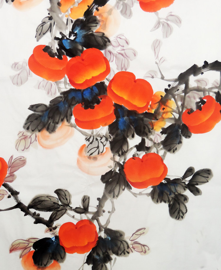 如意事事柿子斗方四尺手绘装饰画花鸟画水墨写意国画