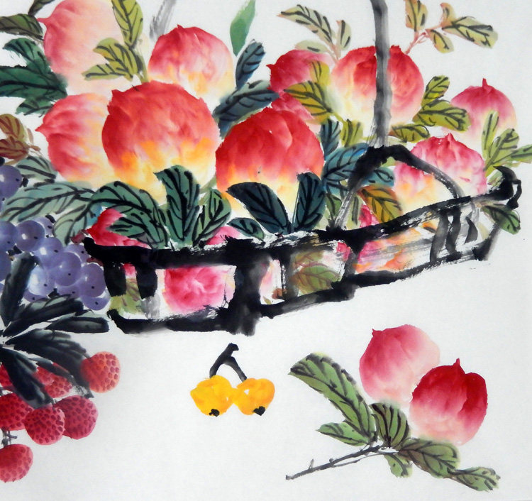 桃硕葡萄水果横幅四尺手绘挂画装饰餐厅客厅国画